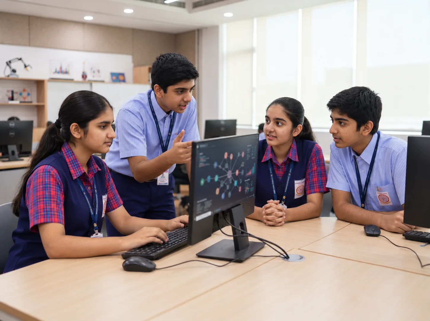 Students collaborating on an AI project at their computers