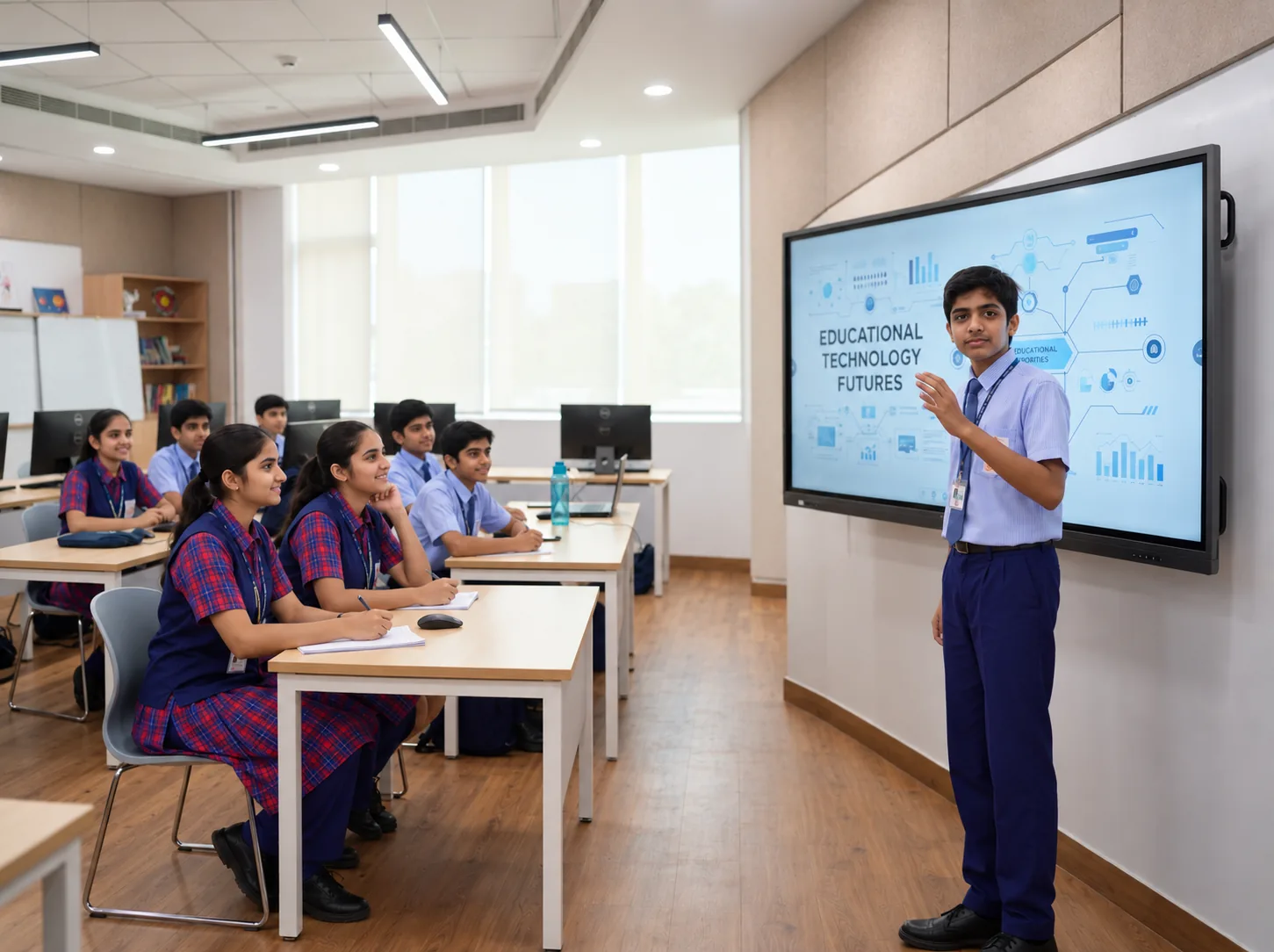 A student presenting ideas to the class on a smart screen