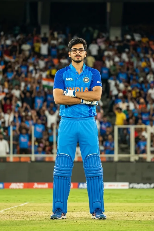 Cricket World AI Photobooth theme: the guest as a cricket star in a packed stadium